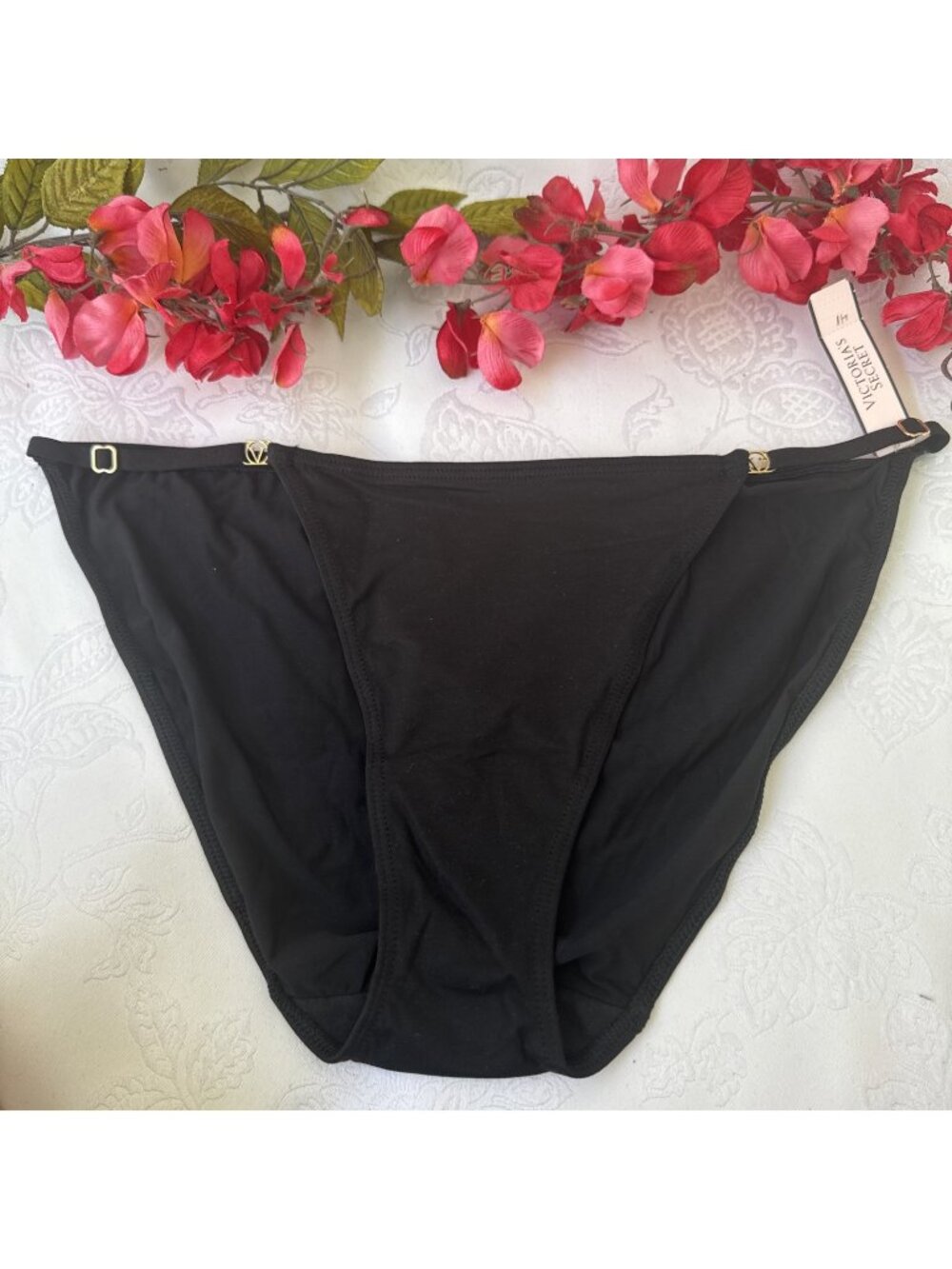 VICTORIA'S SECRET L SILKY GOLD CHARMS ADJUSTABLE STRAPS BLACK BIKINI PANTIES NWT